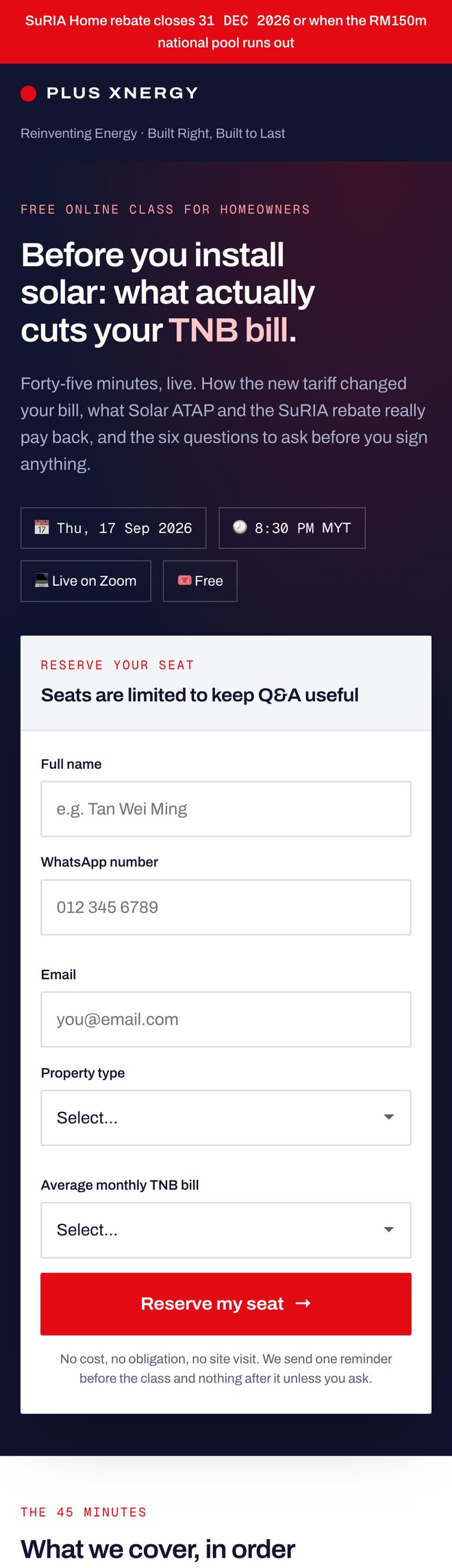 The webinar registration page on mobile