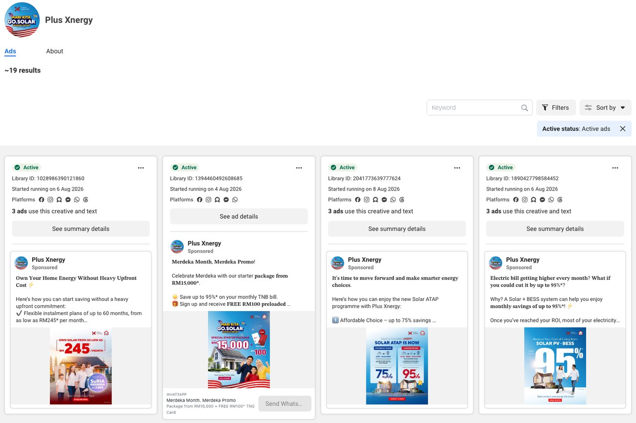Meta Ad Library page for Plus Xnergy showing around nineteen live ads across seven different messages