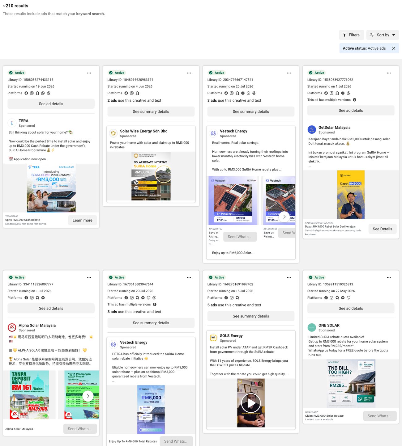 Meta Ad Library search results for SuRIA rebate in Malaysia, showing eight competing advertisers running near-identical creative